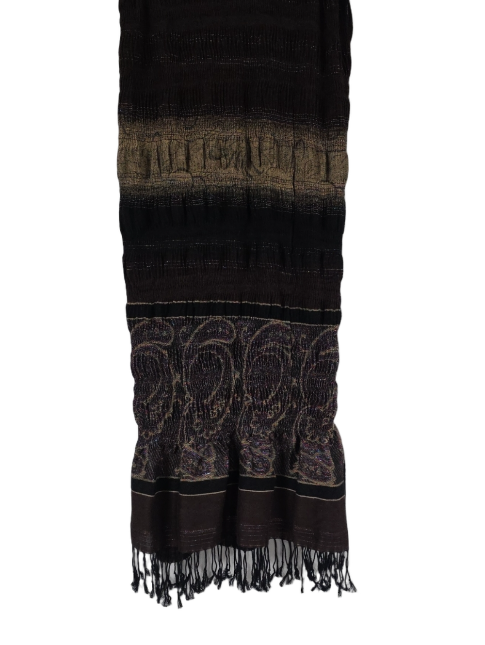 Brown Black Tan Sparkle Paisley Like Print Women's Scarf with Black Fringe
